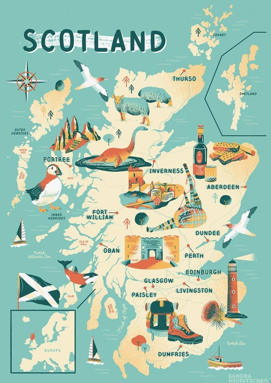 illustration - Scotland Outer Hebrides North Uist Portree north atlantic Sea Skye Inner Hebrides Fort William Europe Islay Isle Of Mull Oban Firth of Clyde Thurso Inverness Orkney Aberdeen Dundee Perth Edinburgh Glasgow Livingston Paisley Dumfries North S